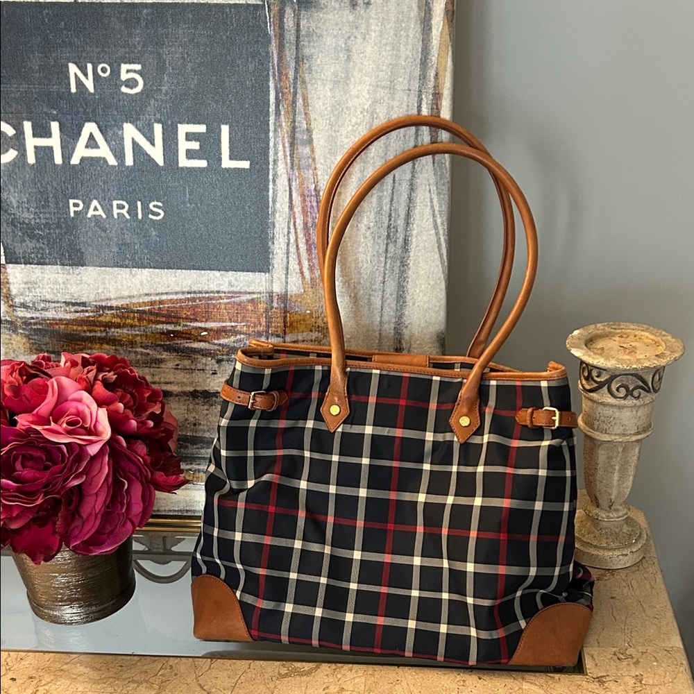 Brooks Brothers Navy and Brown Plaid Tote Bag